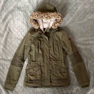 Hollister Olive Green Hooded Parka Jacket with Faux Fur Trim